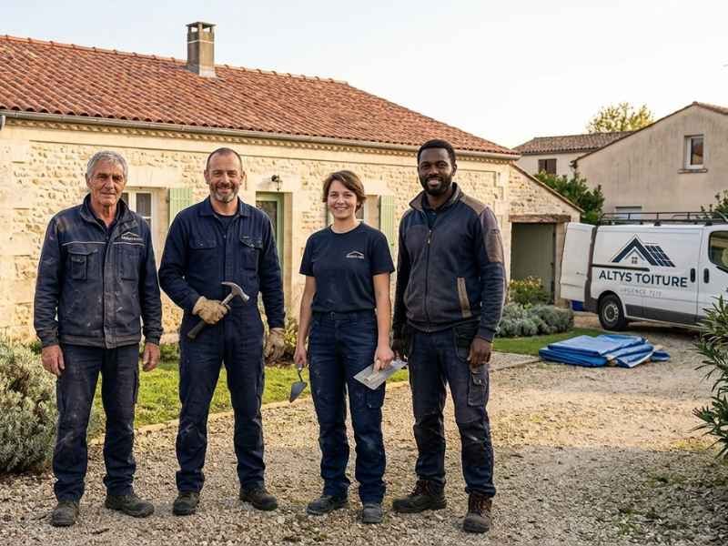 L’équipe d’Altys Toiture Saint-André-de-Cubzac devant son fourgon, outils à la main, après une intervention en Gironde